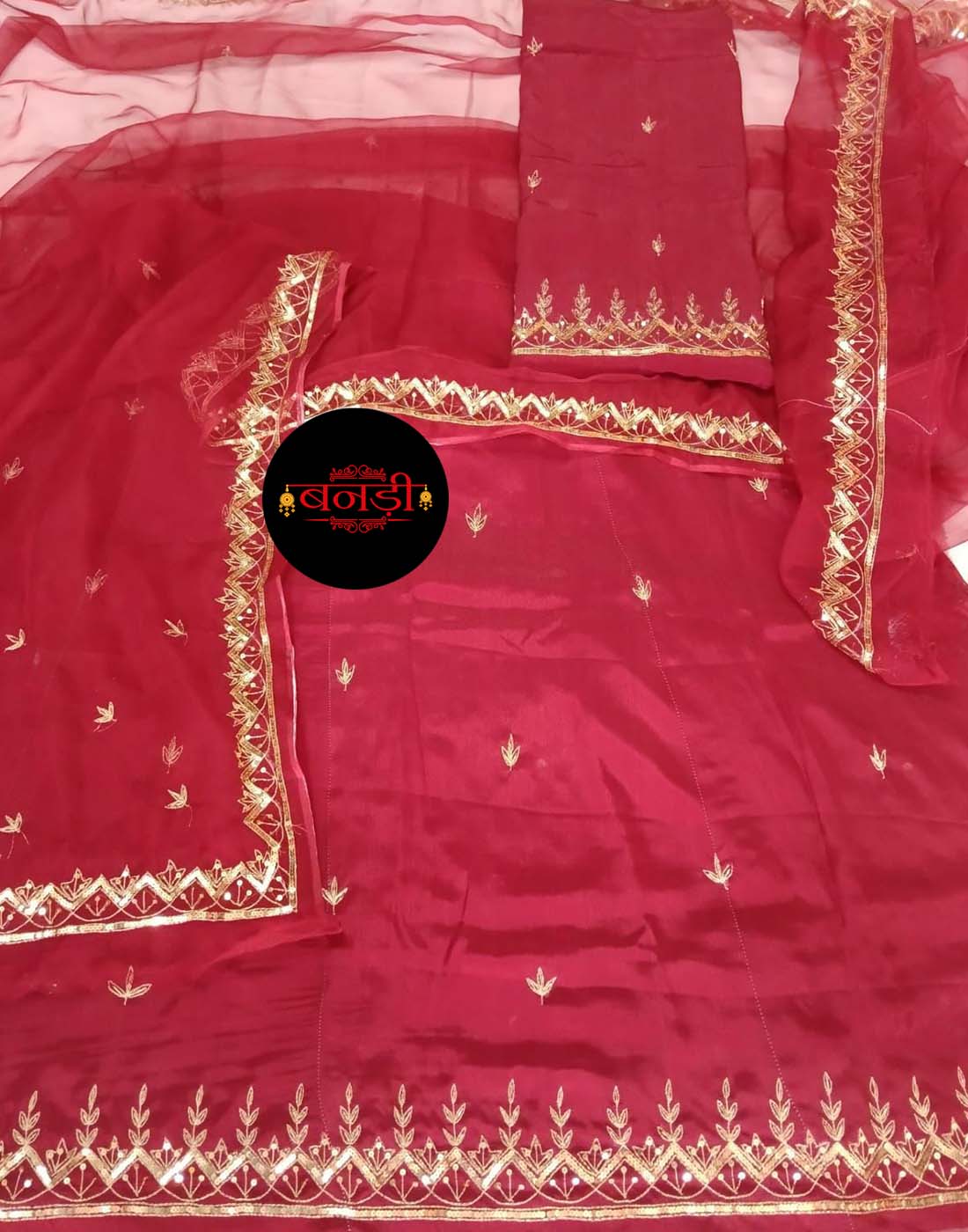 Upada Suit in Dark Red Color with Jodhpur Tikli Mix Handwork