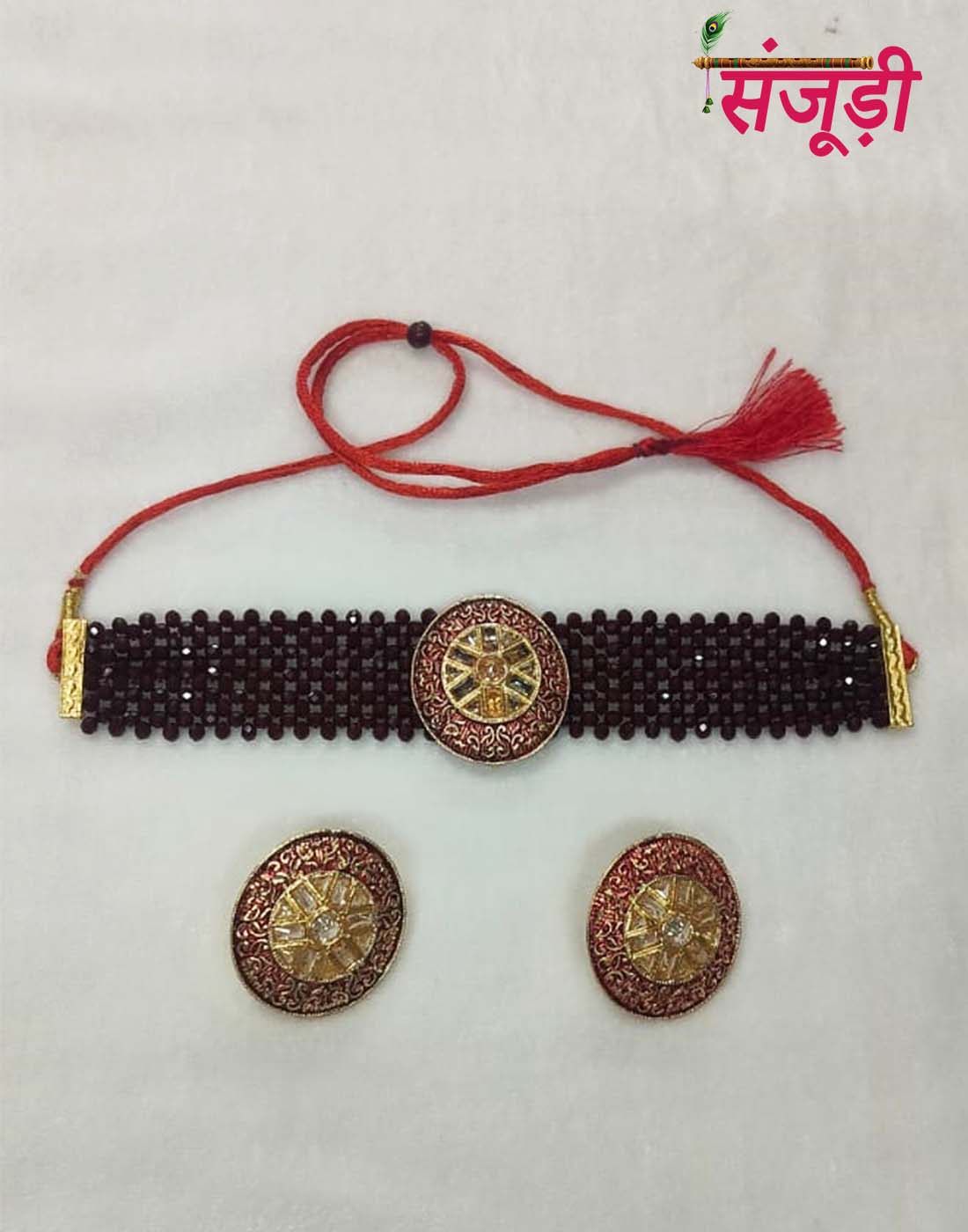 Rajputi Chatai Choker Set with Maroon Pearls