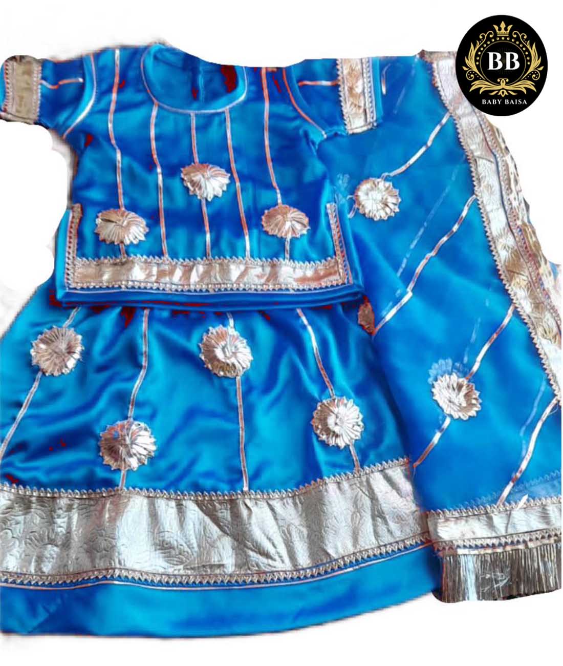 Baby Poshak in Firozi Blue with Silver Gota Lace Work