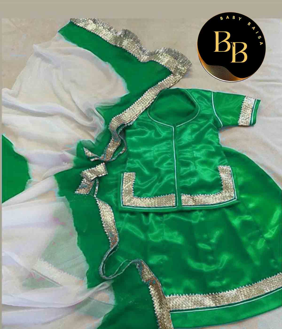  Stitched Girls Rajputi Poshak with Green and White Color 
