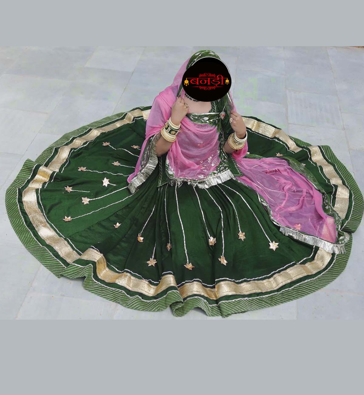 24 Kali Satin Poshak with Mehandi Green and PInk Hamrahi Odhani