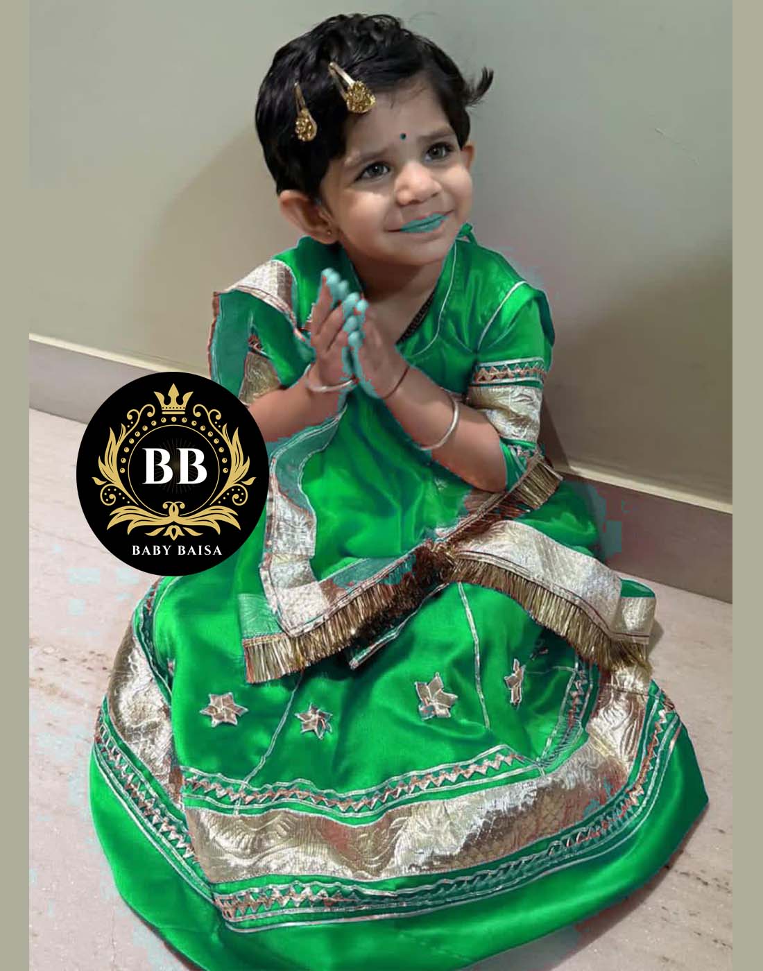 Small Girls Rajasthani Poshak in Green Color at Banadi Store