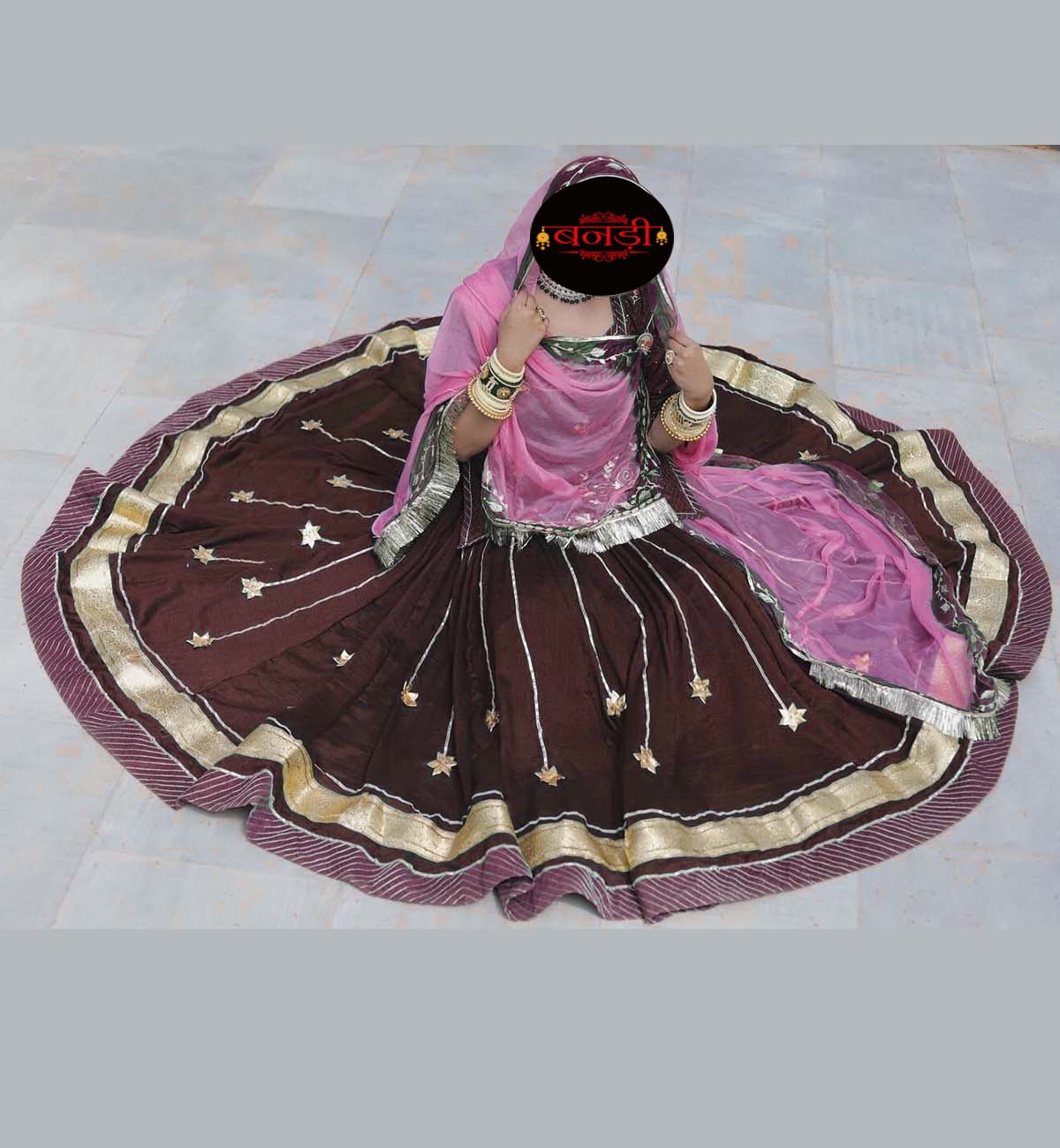 24 Kali Satin Poshak with Coffee Brown and PInk Hamrahi Odhani 