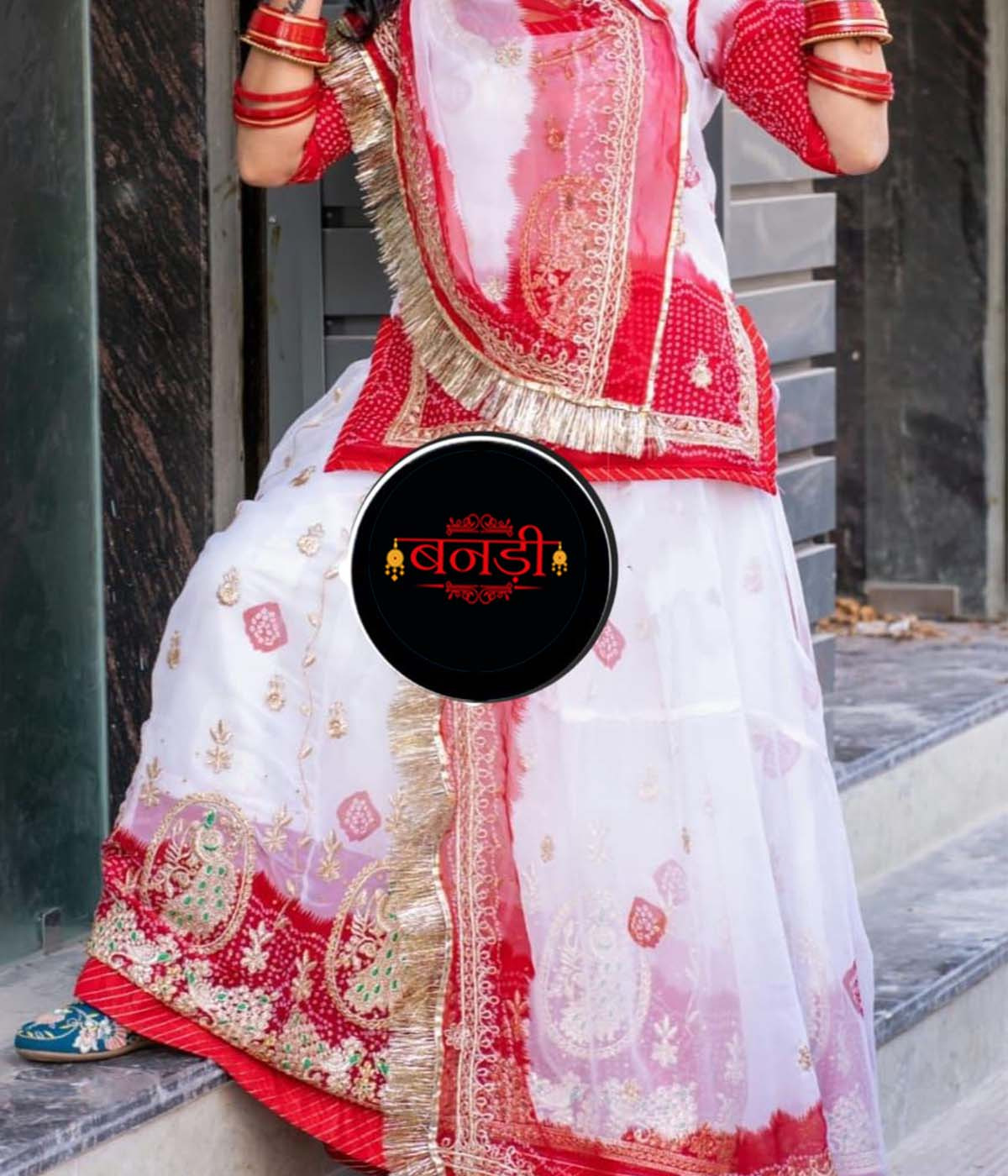 Rajputi Poshak in White Red Faag with Peacock Design