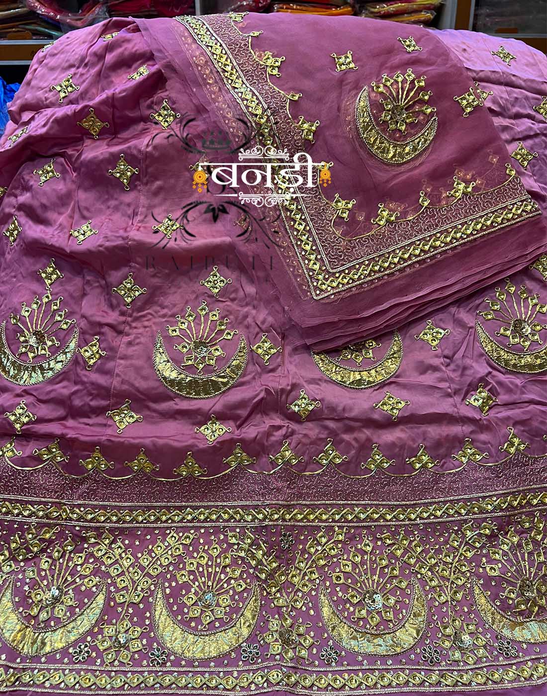 Heavy Bembar satin Poshak with Thakurji pure Odhna in Onion Color 