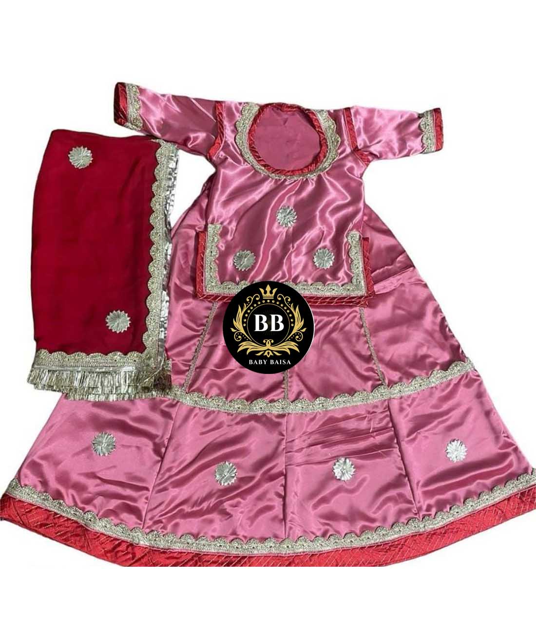 Baby Poshak in Pink with Silver Gota Lace Work