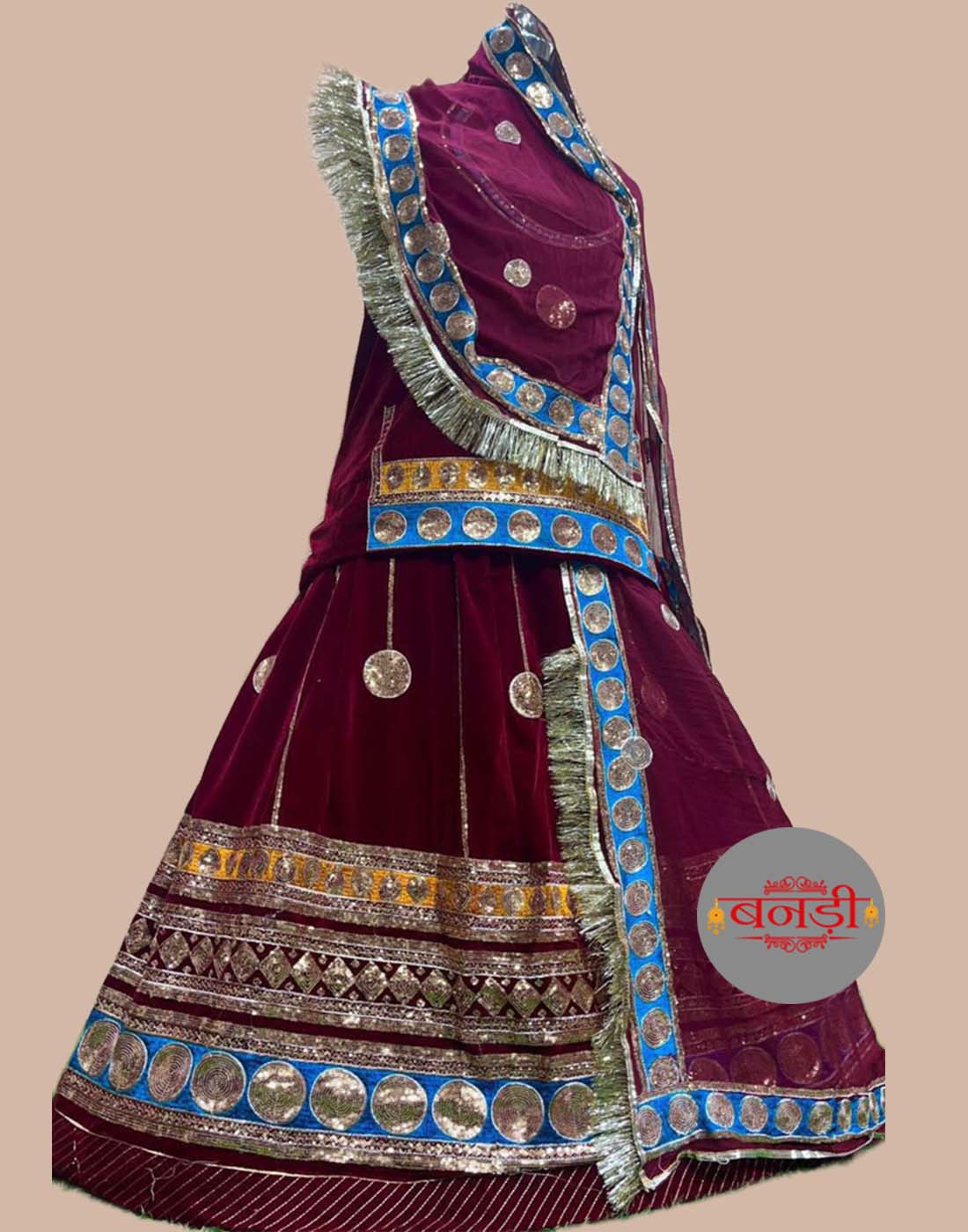 Wine Color Velvet Poshak with Designer Triple Lace Work