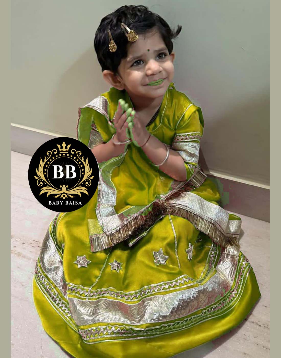 Small Girl Poshak in Mehandi Color at Banadi Store