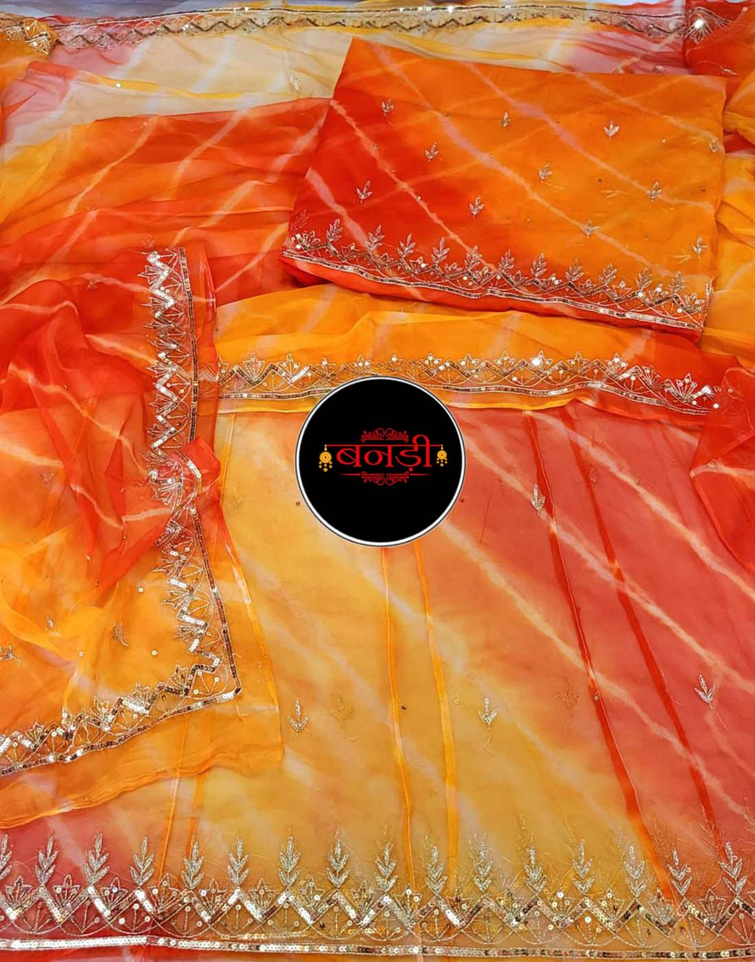 Uppada Suit in Yellow and Orange Leheriya Color with Jodhpur Tikli Mix Handwork