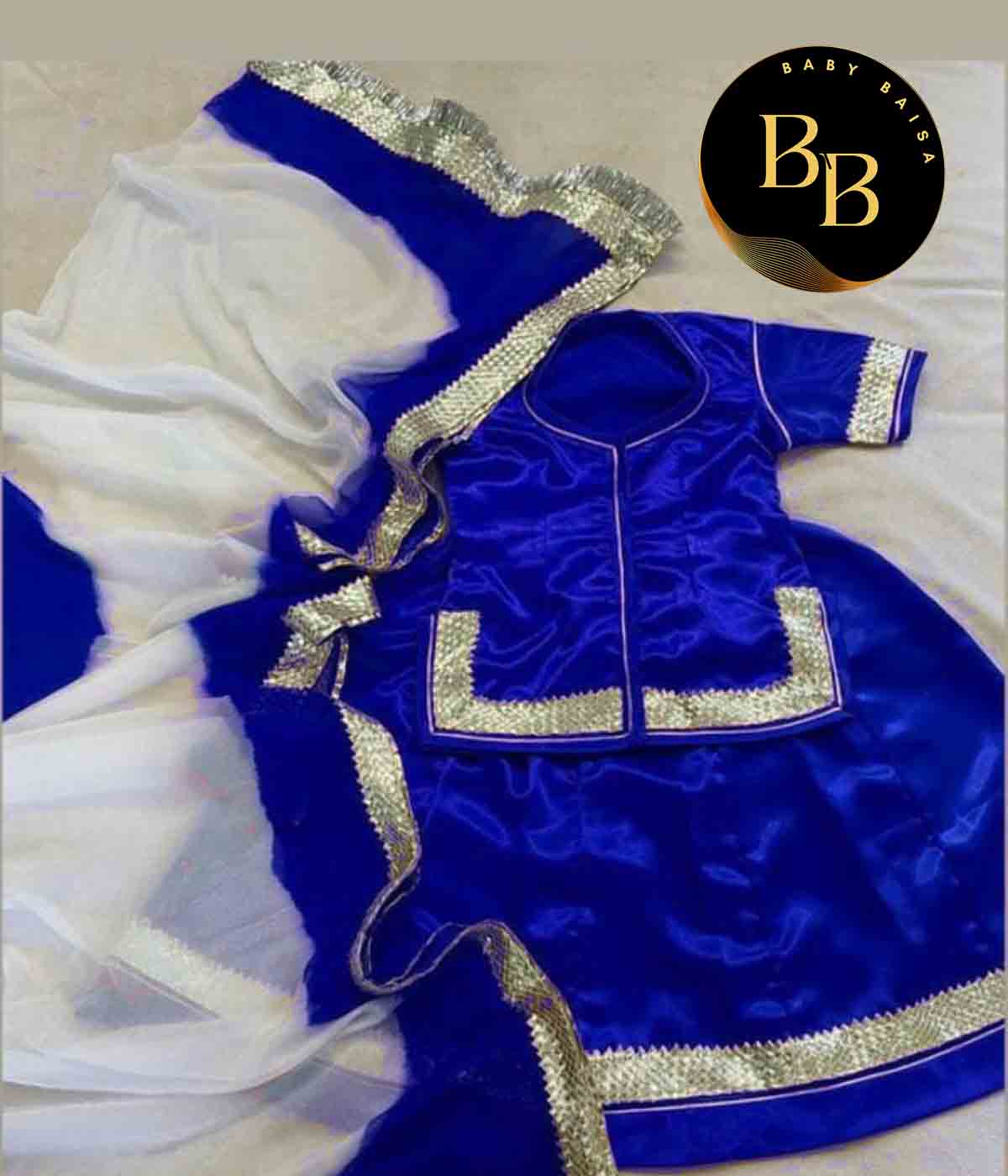Girls Poshak in White and Royal Blue Colors with Stitching