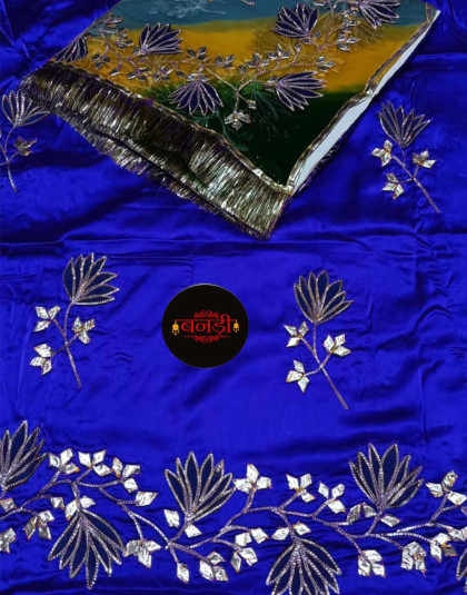 blue satin boutique poshak with multicolor odhani