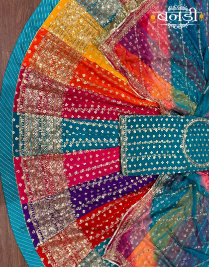 multicolor rajasthani poshak with firozi blue matching