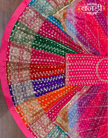 multicolor rajputi poshak with pink matching